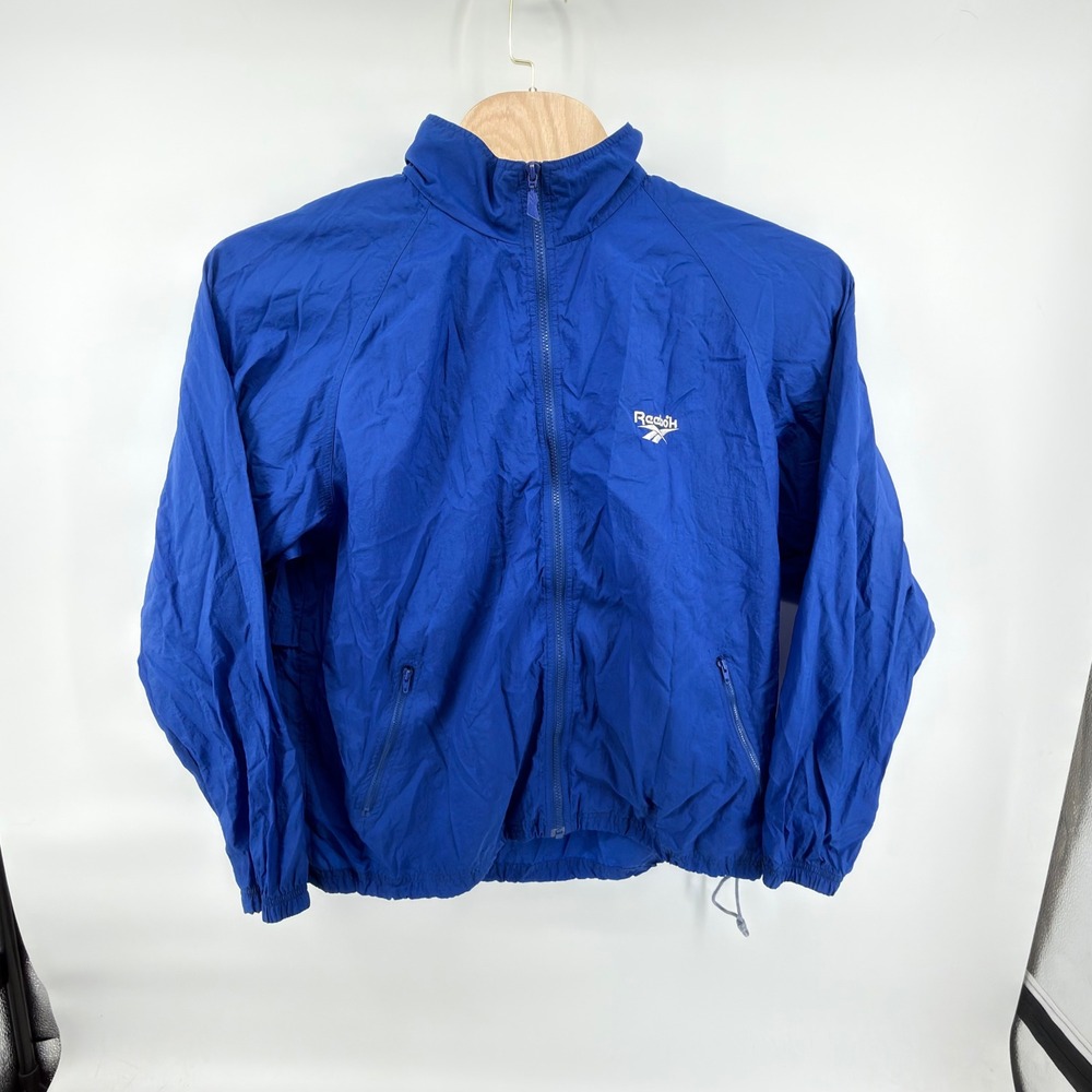 Vintage Reebok Windbreaker Jacket Large Blue 90s Nylon Full Zip Vector Logo Hood